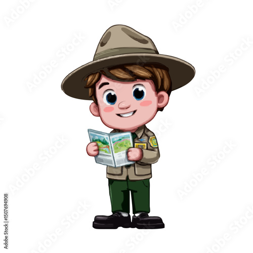 Illustration of a cartoon park ranger holding a map and wearing a hat and uniform in a standing pose