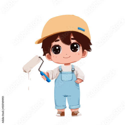 Illustration of a cute cartoon boy with brown hair wearing overalls and a cap holding a paint roller dripping paint
