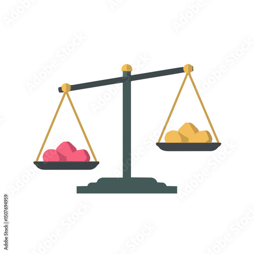 Illustration of a balance scale with pink objects on the left and gold objects on the right side shown