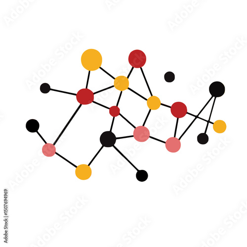 Illustration of an abstract network with connected circles in multiple colors on a white background