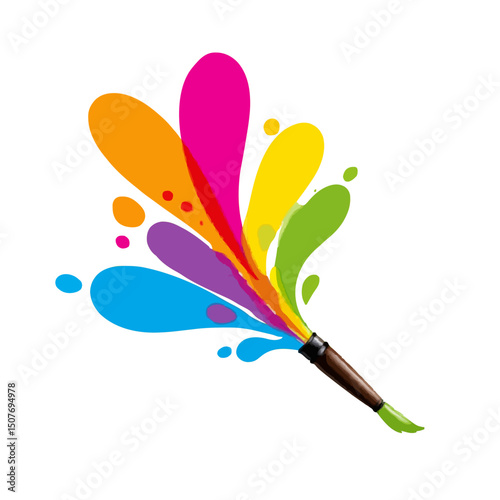 Colorful paint splashes emanating from a paintbrush creating an artistic and vibrant design element image