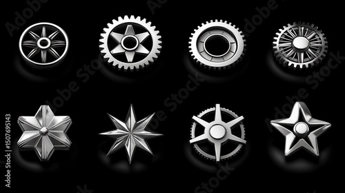 Chrome gears arrayed on black backdrop; eight metallic elements