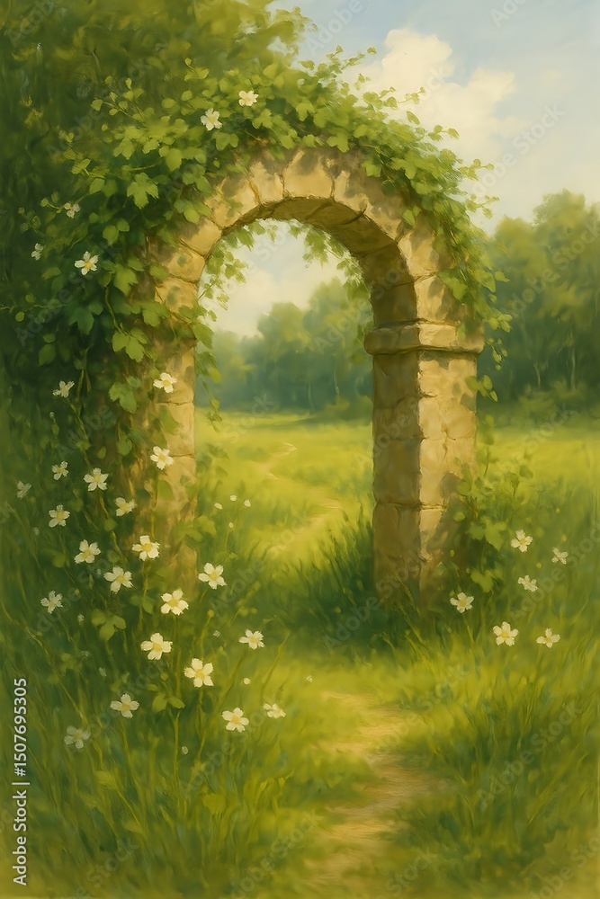 Obraz premium A rustic stone archway covered in vines and white wildflowers opens to a sunlit grassy field bordered by forest