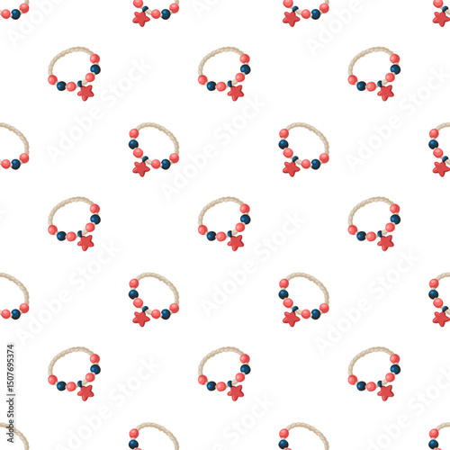 Seamless pattern with summer star bead bracelets on white background. Cartoon vector fashion accessory illustration