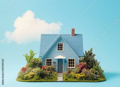 Blue House with Garden and White Cloud on Light Blue Background