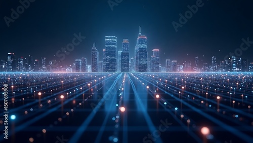 Futuristic city skyline with digital connection network in cyberspace