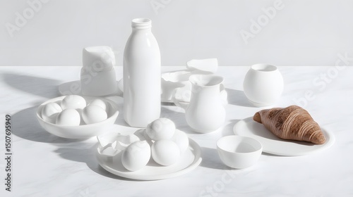 Minimalist breakfast still life featuring white porcelain ware, eggs, and a croissant on marble