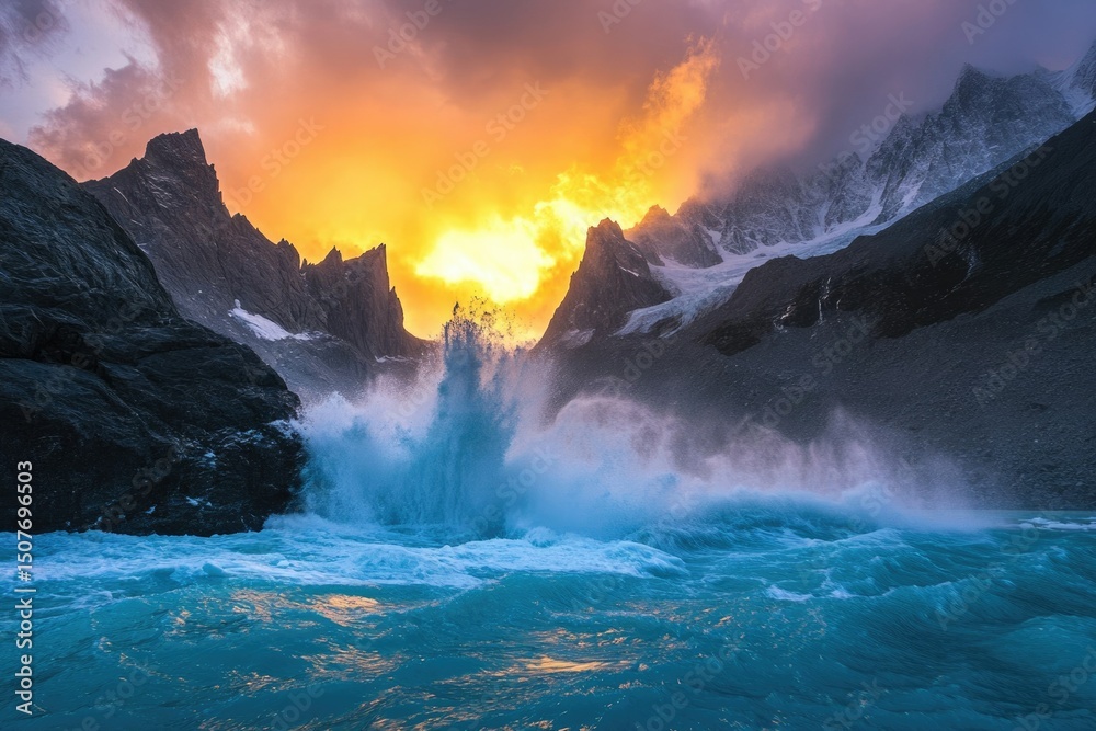 Naklejka premium Powerful waves crash against rocky shores under a vibrant, fiery sunset, framed by majestic mountains and a dramatic sky.