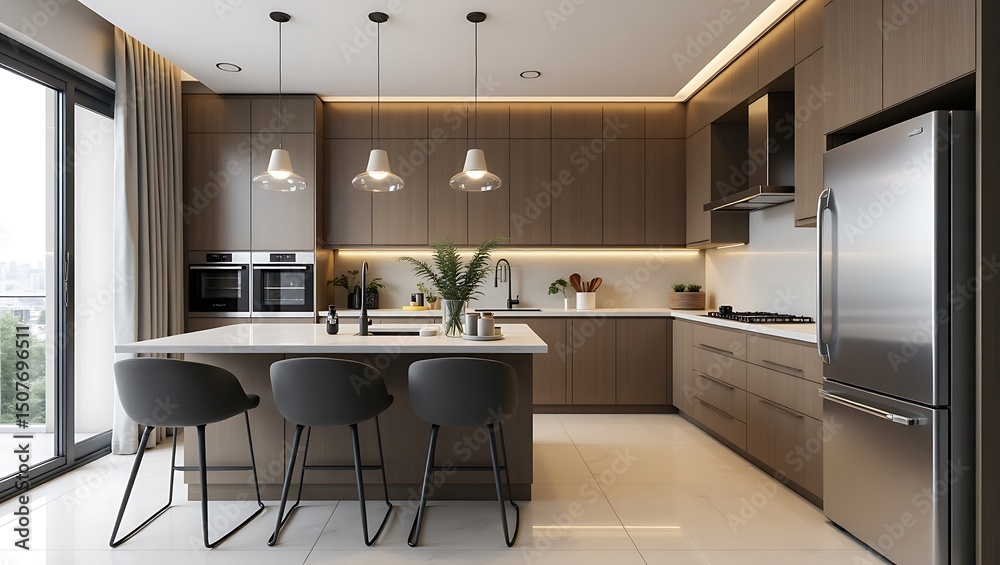 Fototapeta premium Sleek minimalist kitchen interior with island seating and modern design elements