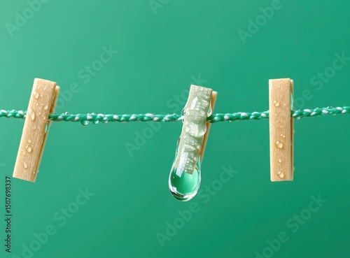 Clothespin and Water Droplets on Rope Against Green Background
