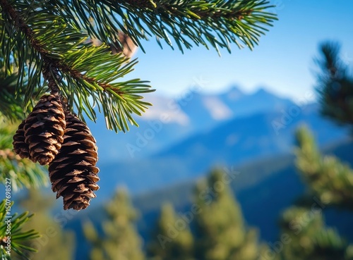 Pine Cone on Branch with Mountain Background