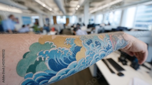 A detailed wave tattoo art on the arm of a person inside the workspace