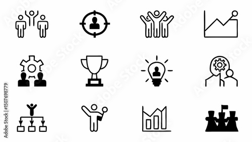 Collection of business and management icons representing teamwork, success, and strategic planning created with generated ai