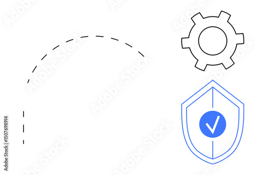 Gear symbol beside shield with a checkmark, dashed arc above. Ideal for security, technology, efficiency, innovation, safety, assurance, simple landing page