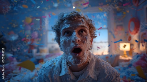 Surprised young adult man covered in cake and confetti at birthday party celebration indoors