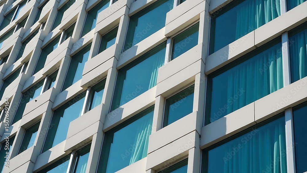 Fototapeta premium Modern Building Facade with Repeating Window Pattern and Sleek Architectural Design
