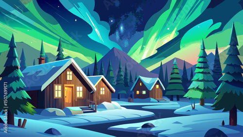 Northern Lights Over Winter Cabins, Aurora, Scandinavia