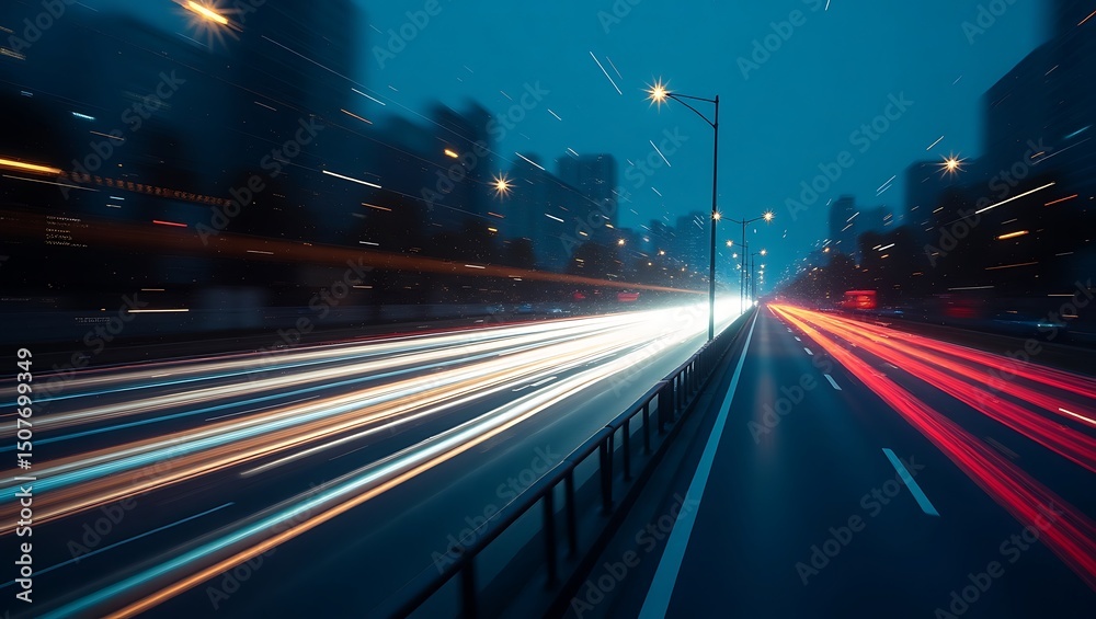 Fototapeta premium Dynamic light trails on an urban expressway under a twilight sky scenery