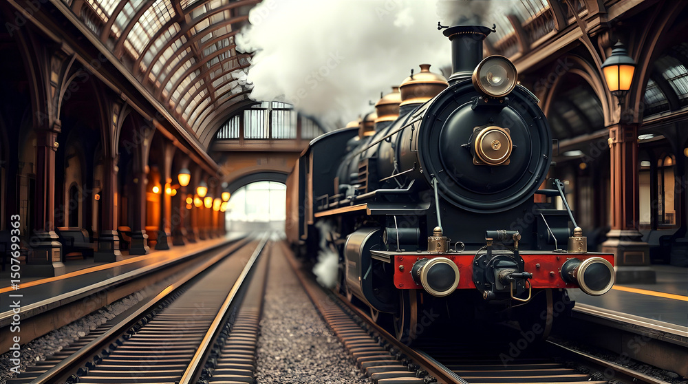 Obraz premium Steam locomotive from the 1800s stopped at a vintage train station with smoke rising and detailed metal textures