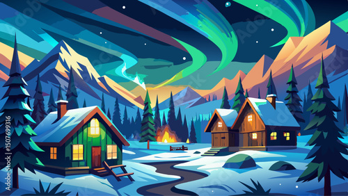 Northern Lights Over Winter Cabins, Aurora, Scandinavia