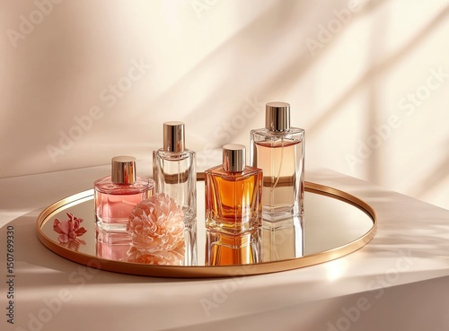 Perfume Bottles on Mirror Tray with Flowers
