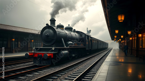 1800s steam locomotive in motion just outside a vintage train station, releasing smoke as it moves along the tracks