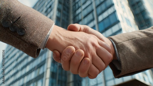A close-up shot of a firm handshake between two business partners, signifying a new deal.