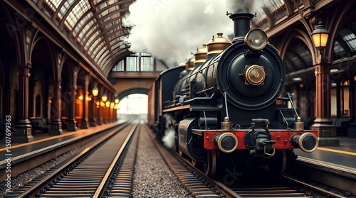 Steam locomotive from the 1800s stopped at a vintage train station with smoke rising and detailed metal textures