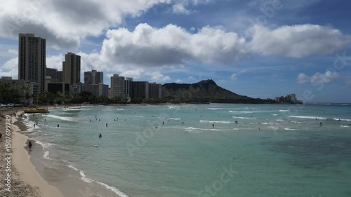 Pull back shot of Waikiki Beach in Oahu