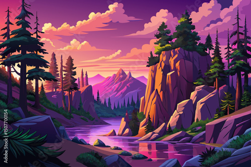 Rocky River Cliffs with dense greenery and calm reflections green landscape, Highly detailed vector illustration	