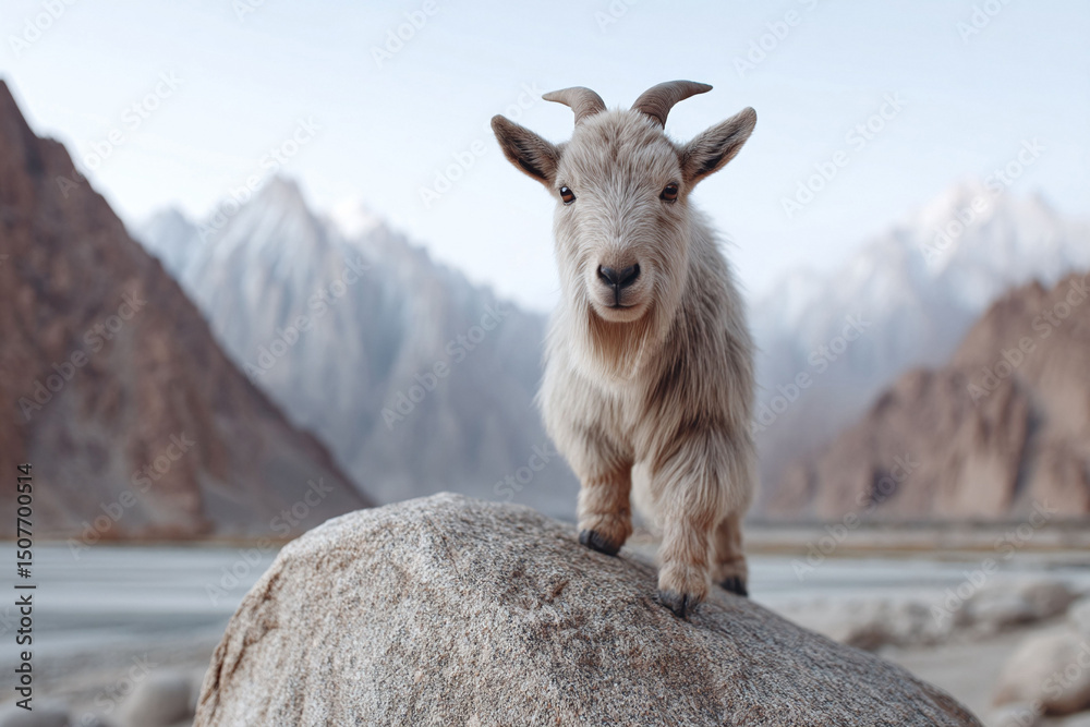 Obraz premium Adorable kid goat standing proudly on a rock against a majestic mountain backdrop. Represents resilience, innocence, and adventure. Great for nature, travel, and children themes.