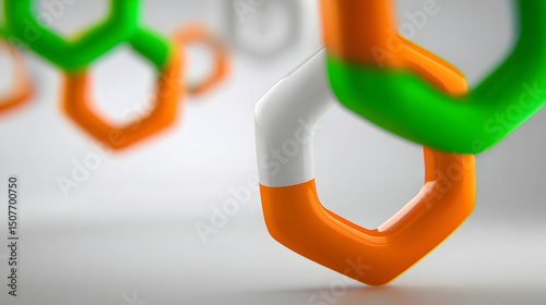 Interlocking hexagonal shapes orange, white, green create a visually striking abstract design.
