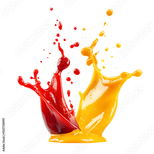 Mustard and ketchup condiment splashes (cut out)