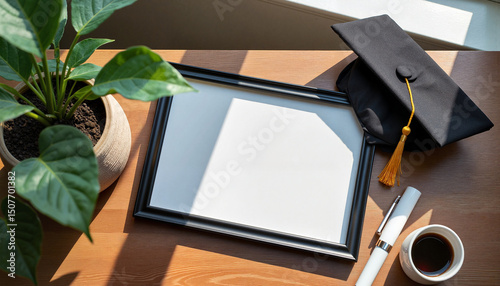 Graduation cap and blank frame on wooden desk with coffee and plant  