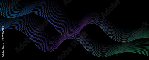 Dark abstract background with shining waves. Shiny moving lines design element. Modern blue, purple and green gradient flowing wave lines. vector