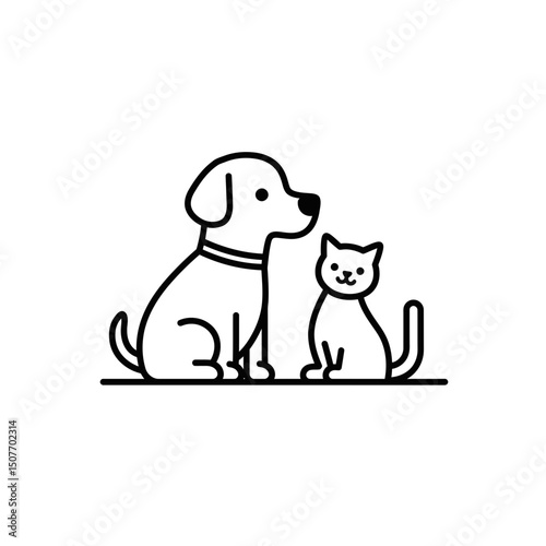 Dog and cat sitting together in minimalist line art style concept of pets  