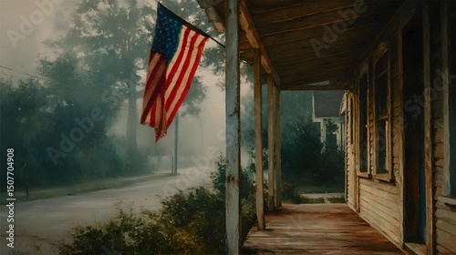 American flag waving on a misty morning from a rustic porch creating a patriotic atmosphere