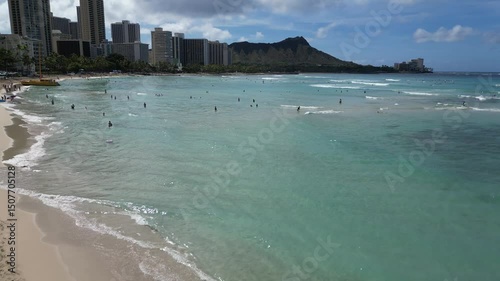Forward motion drone shot of Waikiki Beach in Oahu