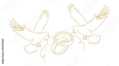 continuous line drawing of doves and wedding rings