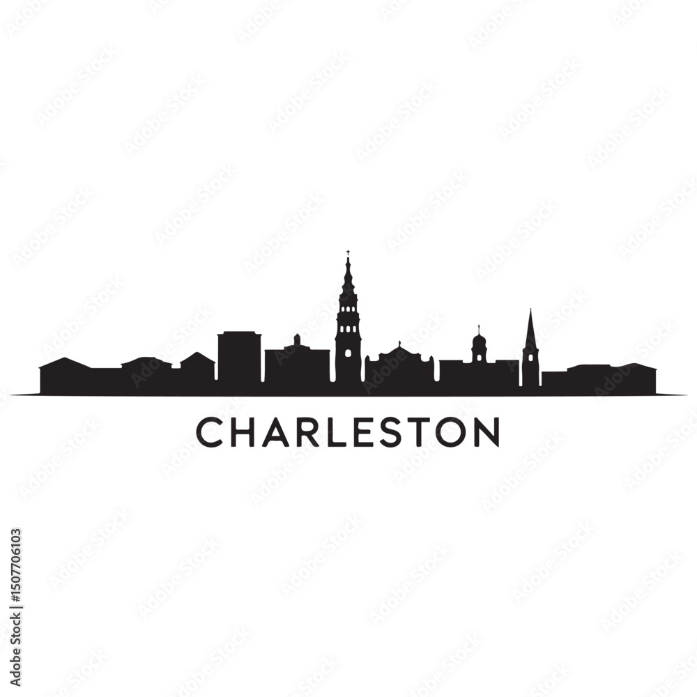 Obraz premium Charleston skyline horizontal banner. Black Charleston City, South Carolina. Vector template for your design. Vector black silhouette. with white background