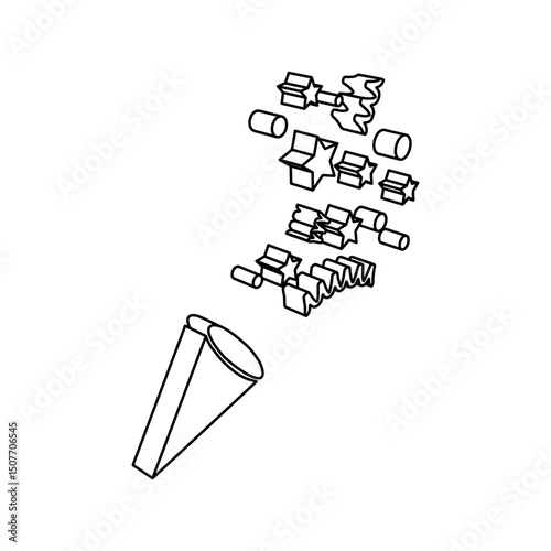 The outline of a large exploding party popper is made with black lines. 3D view of the object in perspective. Vector illustration on white background