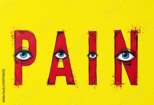 Illustration of staring bloodshot eye, with dramatic lettering