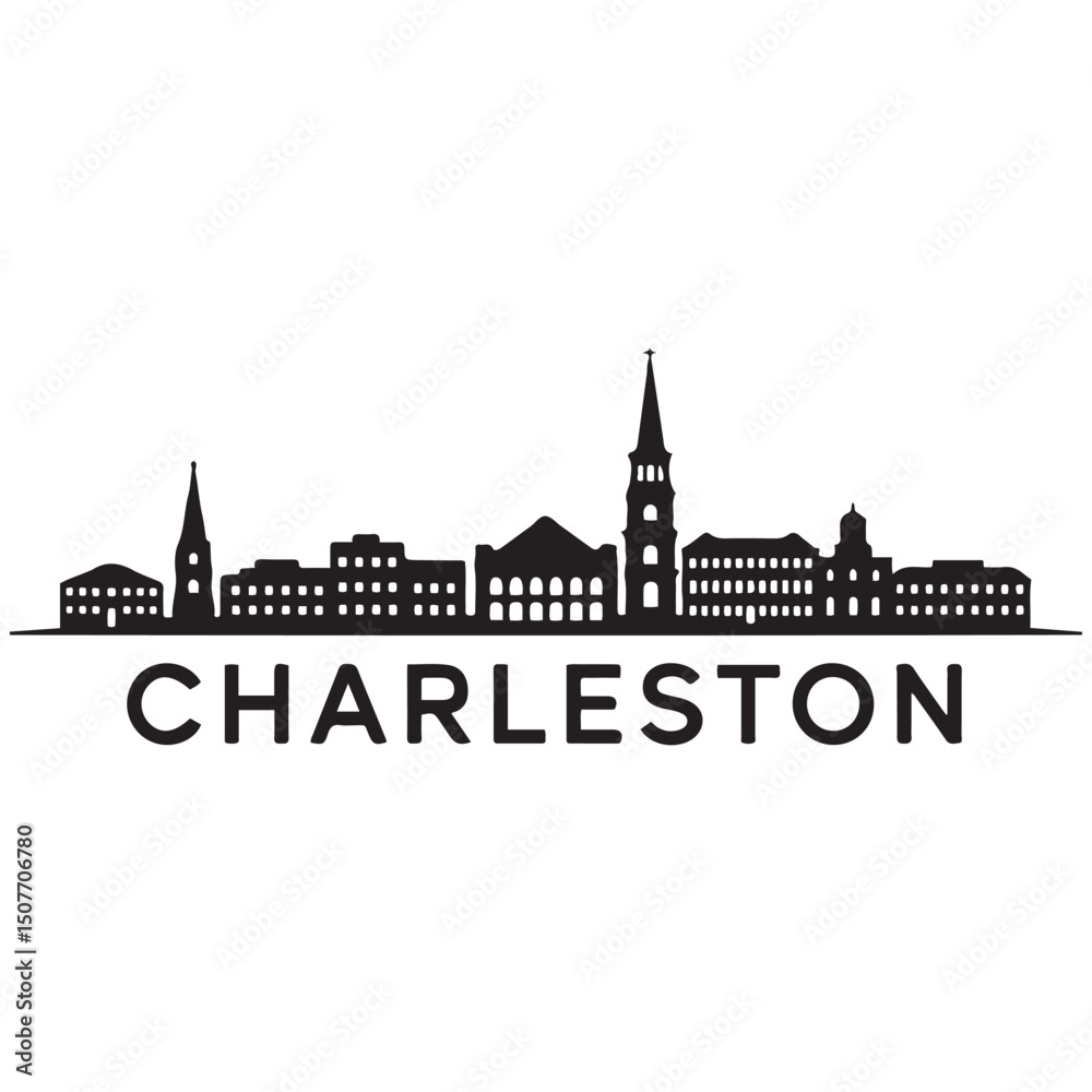 Fototapeta premium Charleston skyline horizontal banner. Black Charleston City, South Carolina. Vector template for your design. Vector black silhouette. with white background