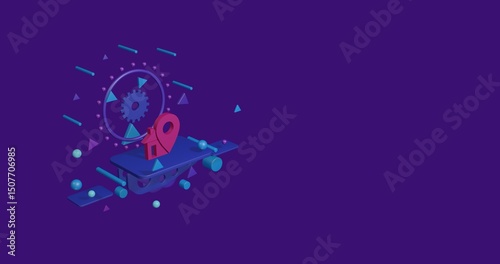 Pink real estate location symbol on a pedestal of abstract geometric shapes floating in the air. Abstract concept art with flying shapes on the left. 3d illustration on deep purple background