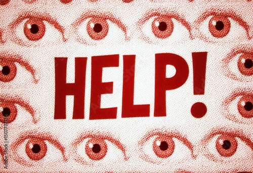 Illustration of staring bloodshot eye, with dramatic lettering