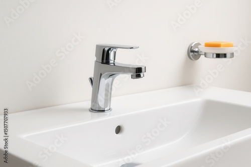 A close-up of a modern chrome faucet on a white sink, highlighting its sleek, minimalist design and smooth lines