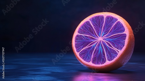 Glowing orange slice, vibrant neon colors