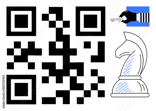 QR code beside a hand holding a key and a knight chess piece signifies strategy, digital access, security, and encryption. Ideal for data transfer, decision-making, authentication, cybersecurity