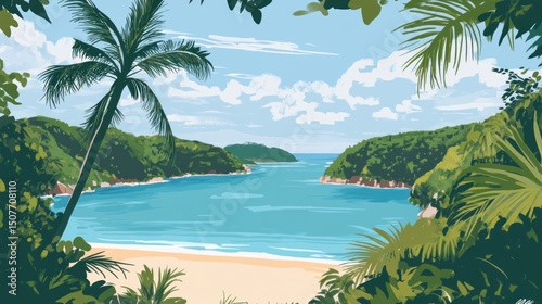 Tropical beach vista framed by lush foliage