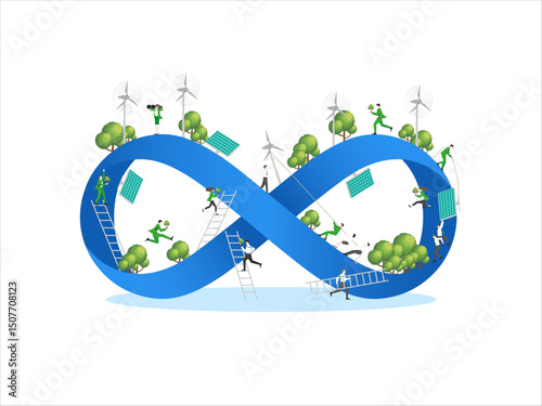 ESG sustainability business, Blue energy, sustainable industry with windmill and solar energy panels. Environmental, Social, and Corporate Governance concept. People construction vector illustration.